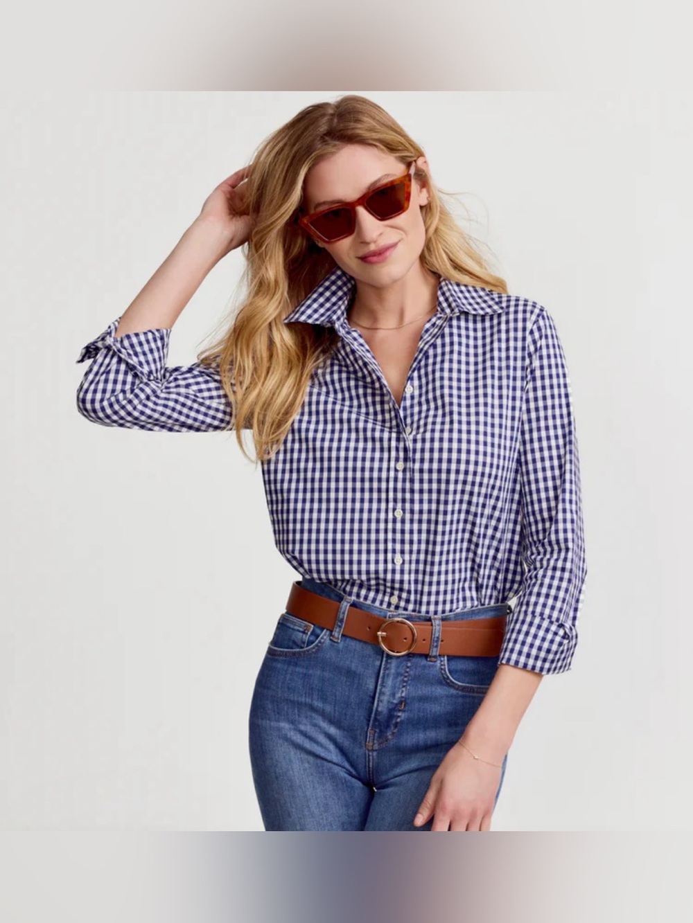 GAP women’s Navy & White Gingham Button-Down Blouse size large